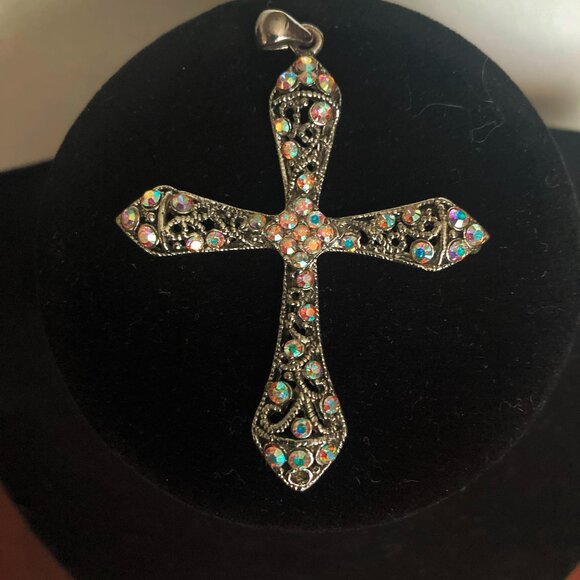 Premier Designs SILVER CROSS AURORA BOREALIS RHINESTONES (2 3/8 X  2") - Picture 1 of 2